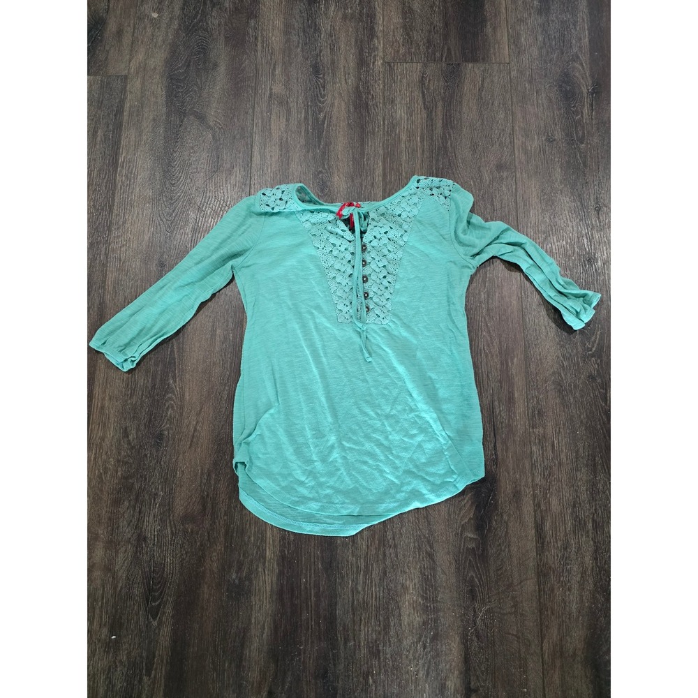 Red Camel Mint Green Crochet Lace Tie Neck 3/4 Sleeve Peasant Top Small